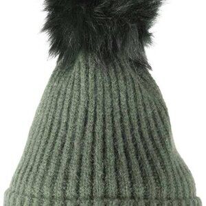 Heritage Traditions  Soft Touch Rib Faux Fur Pom Pom Beanie Hat - Green   NWT
